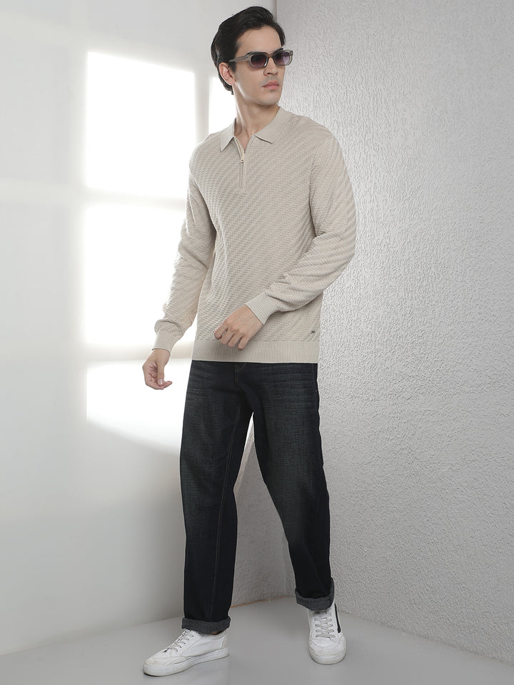 Beige 100% Cotton Knitted Polo Neck Sweater