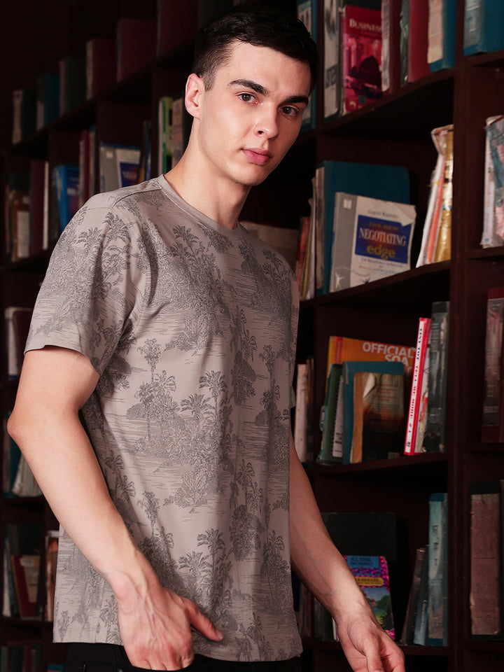 Olive Round Neck Tropical Printed T-Shirt
