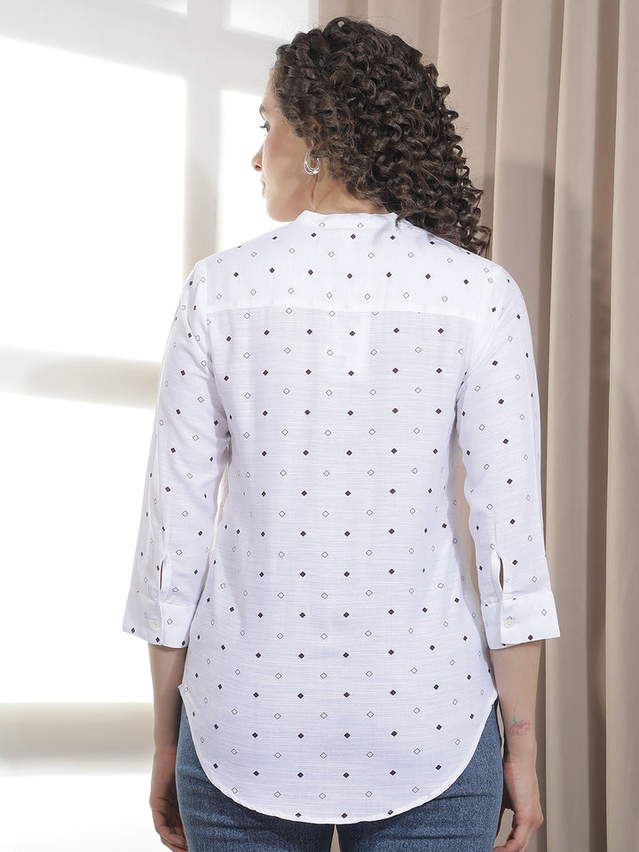 White Printed V-Neck Linen Shirt