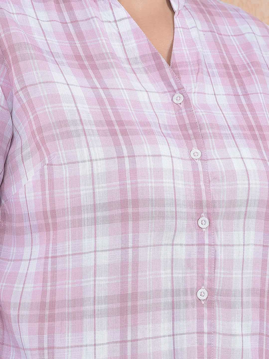 Pink V-Neck Plaid Check Shirt