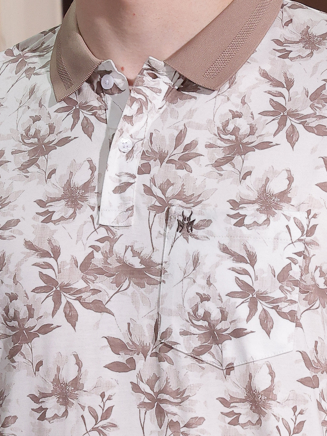 Brown Floral Print Polo Neck T-Shirt