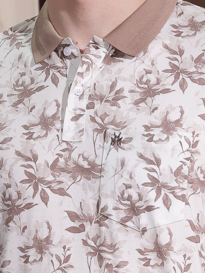 Brown Floral Print Polo Neck T-Shirt