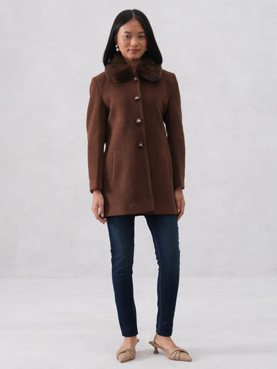 Faux Fur Collar Brown Coat