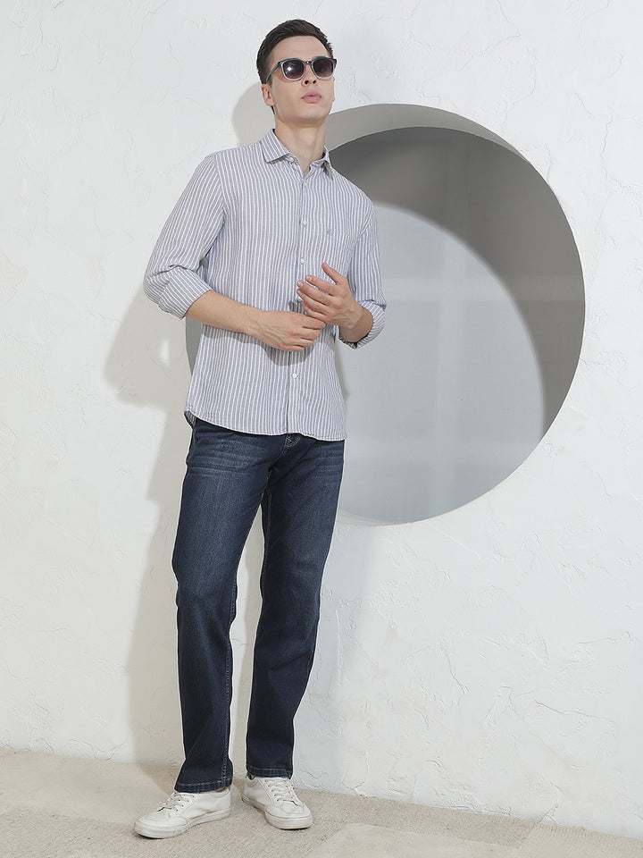 Grey Vertical Stripes Linen Shirt