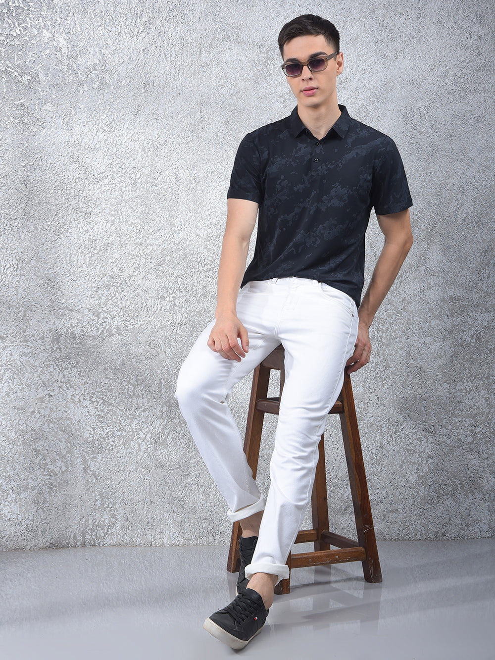 Black Printed Polo Neck T-Shirt-Men T-Shirts-Crimsoune Club