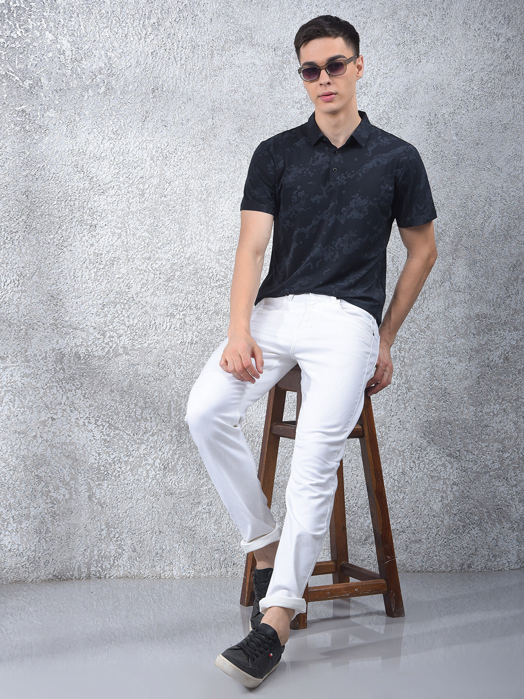 Black Printed Polo Neck T-Shirt-Men T-Shirts-Crimsoune Club