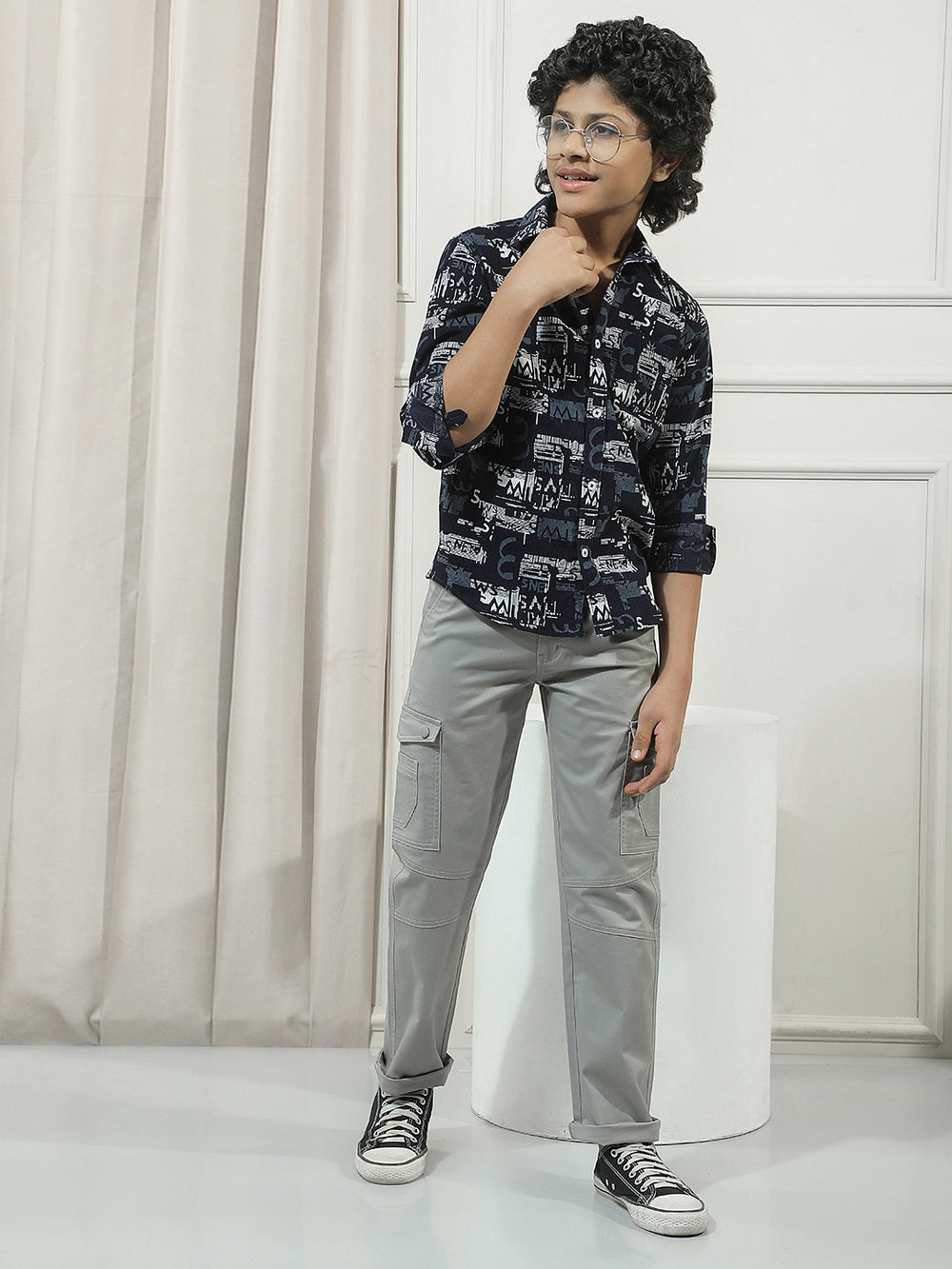 Navy Blue 100% Cotton Graphic Print Corduroy Shirt