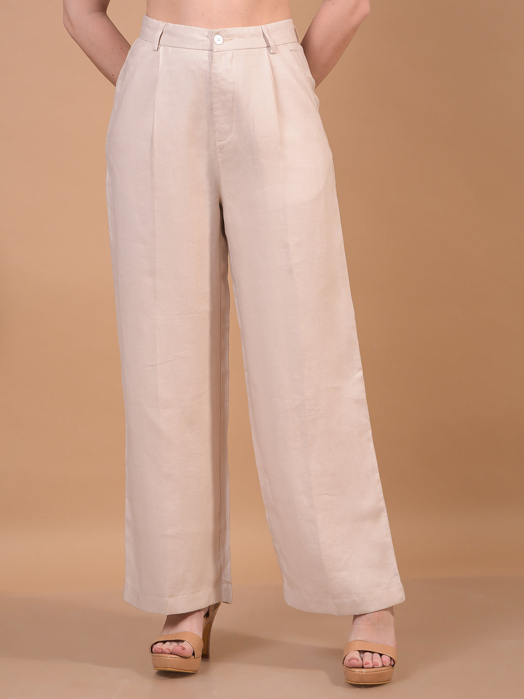 Beige Wide Leg Trousers