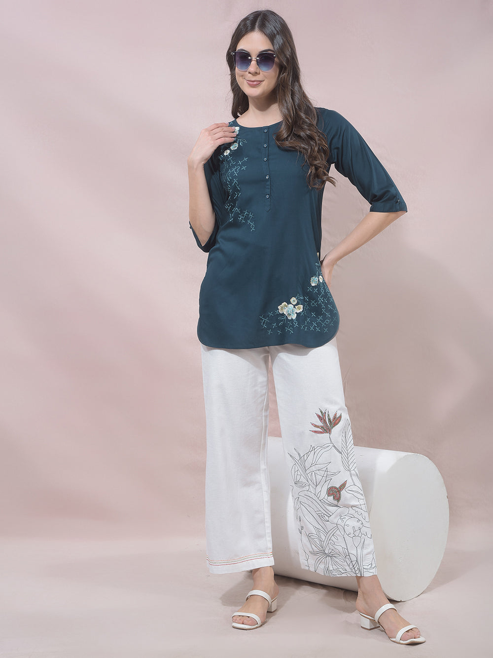 Green Floral Embroidered Top