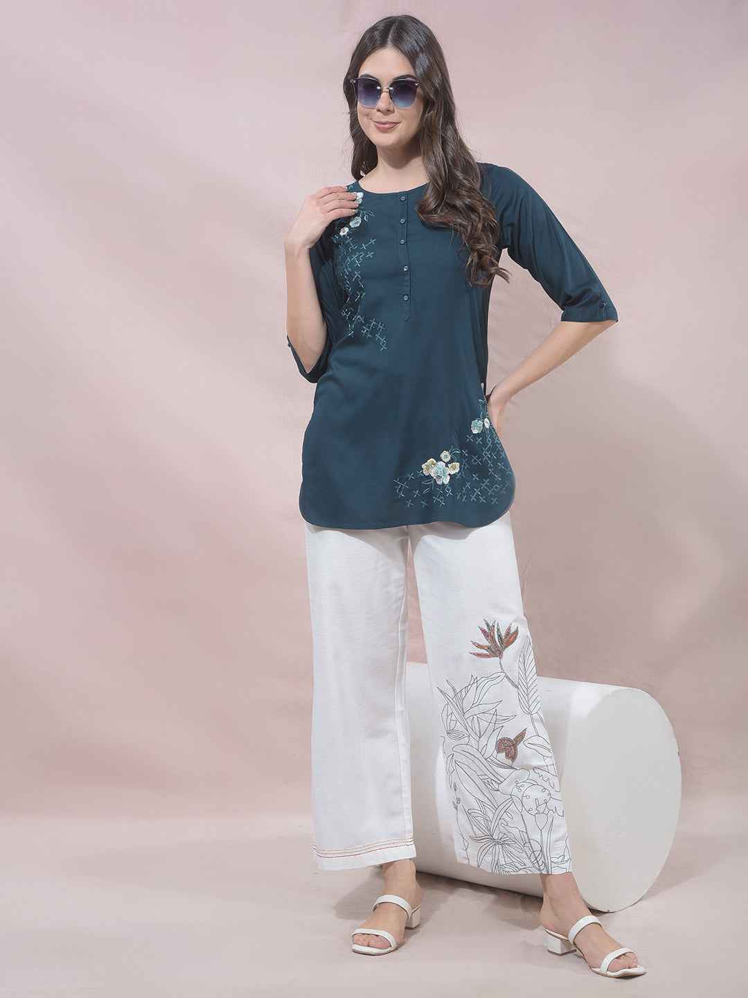 Green Floral Embroidered Top