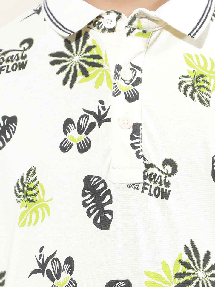 Tropical Print Cream Polo T-Shirt