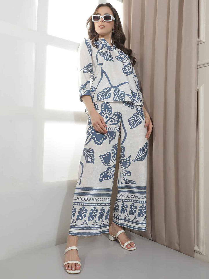 Blue Floral Print Straight Trousers
