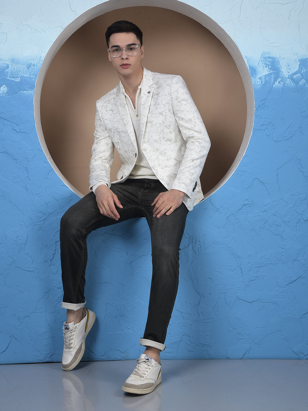 Off White Printed Notched Lapel Single-Breasted Blazer