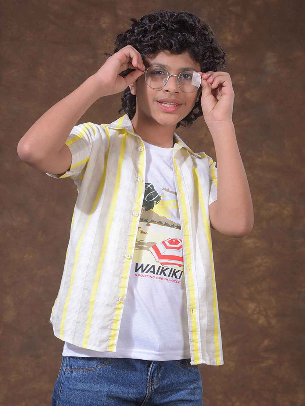 Yellow 100% Cotton Vertical Striped Shirt & Tee Set Layered Look