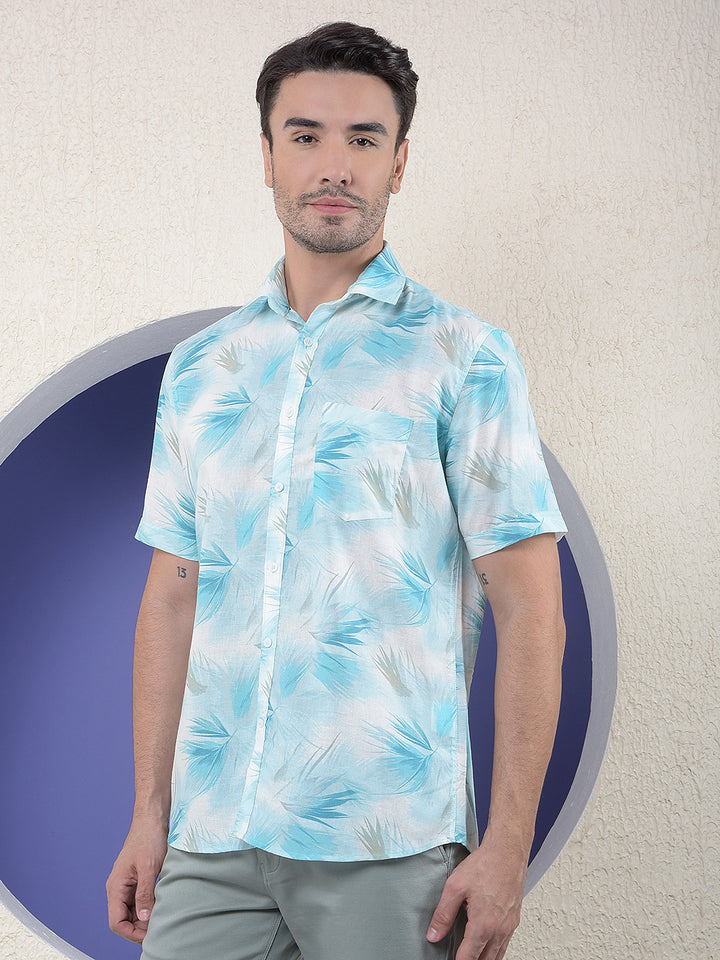 Blue Floral Print Linen Shirt