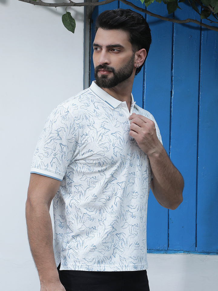White Floral Print Polo Neck T-Shirt
