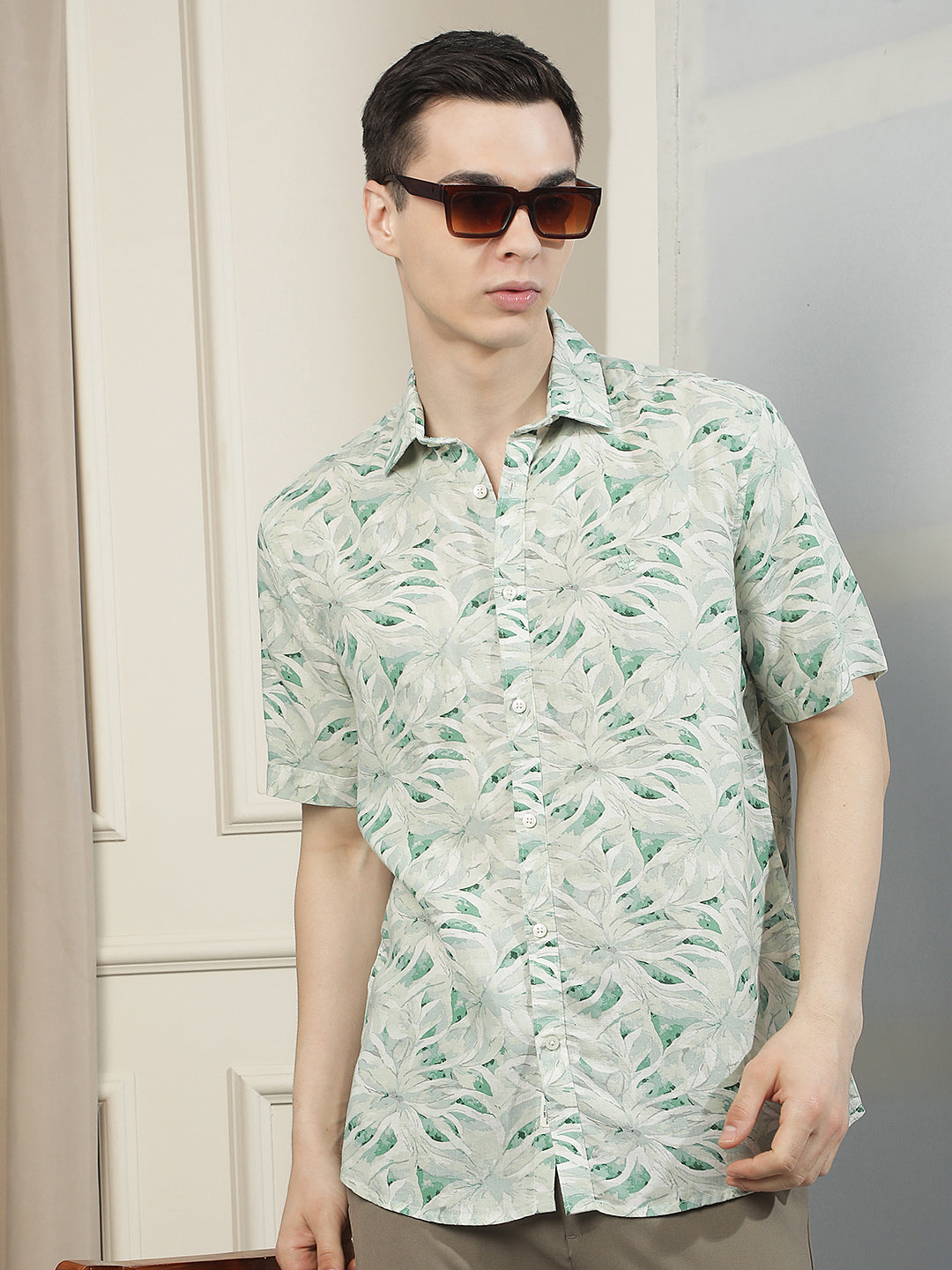 Green Floral Print Linen Shirt
