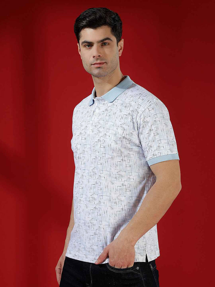 Blue Printed Polo Neck 100% Cotton T-Shirt