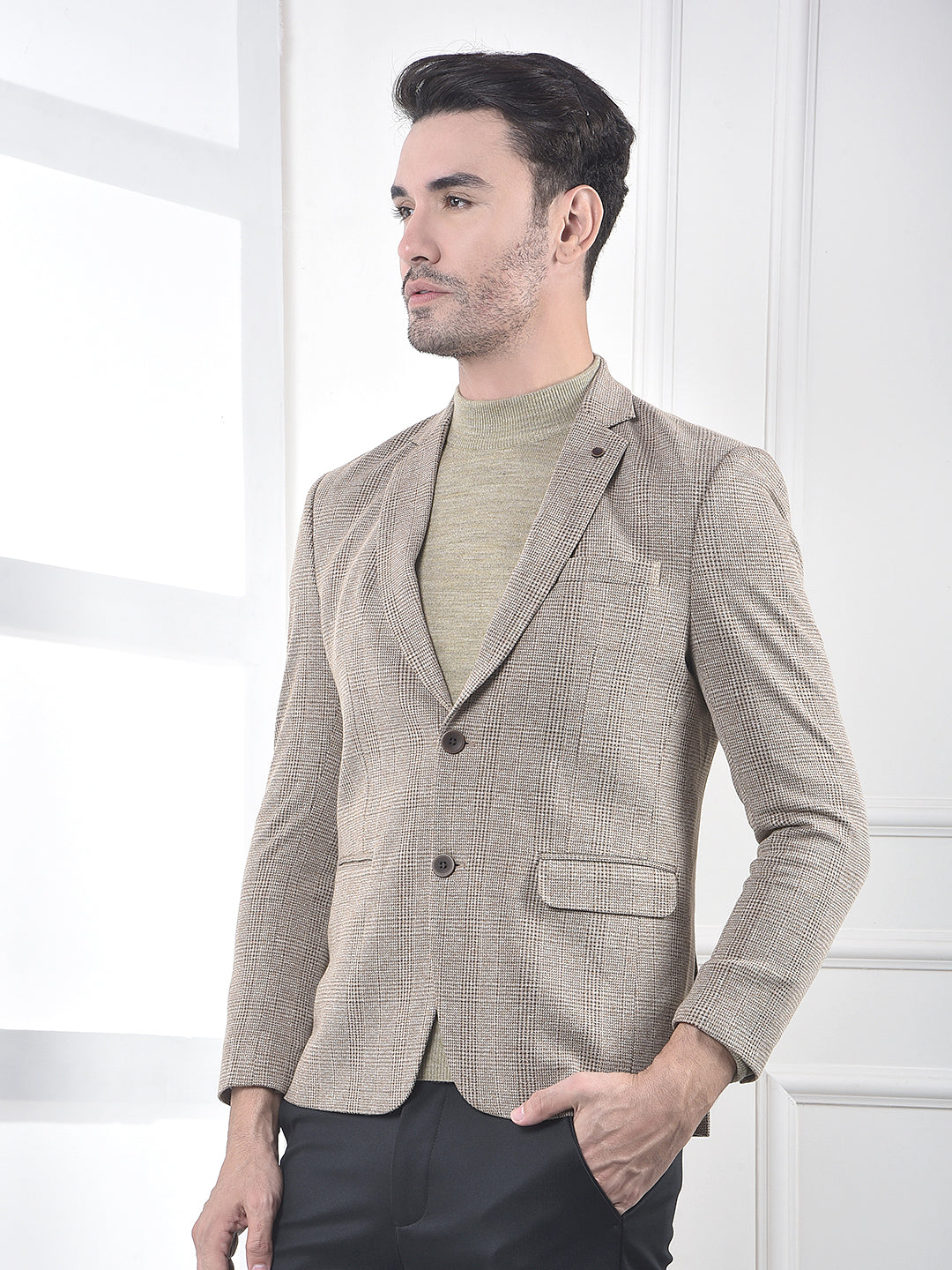 Brown Micro-Check Single-Breasted Blazer