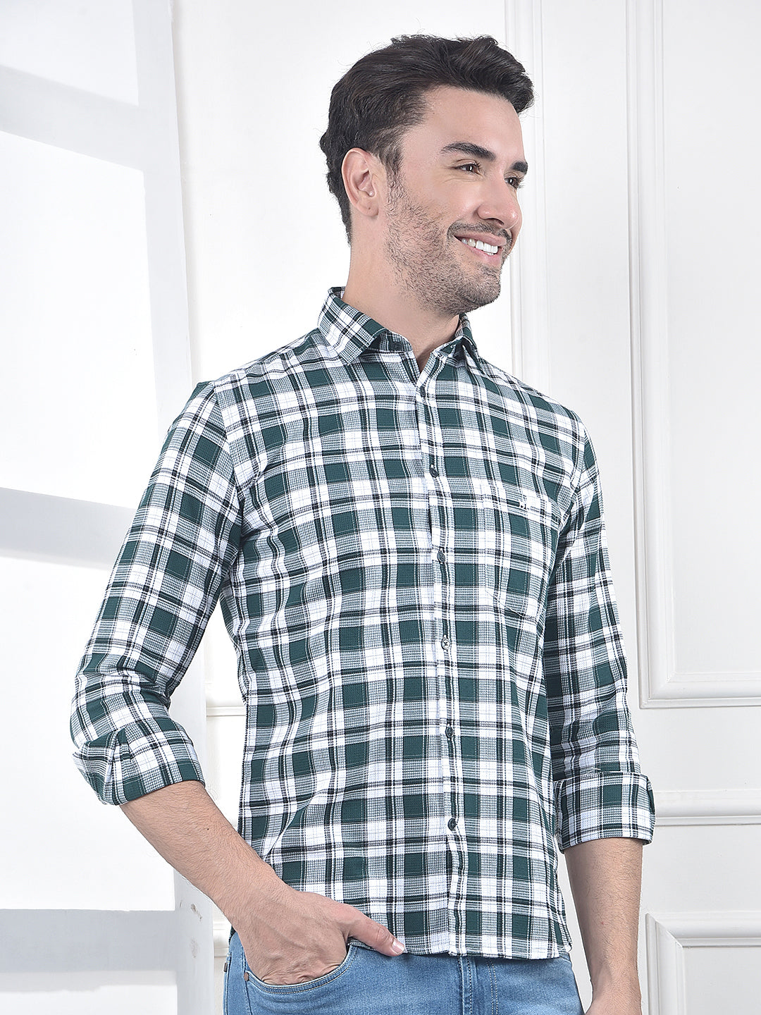 Green Checked 100% Cotton Casual Shirt
