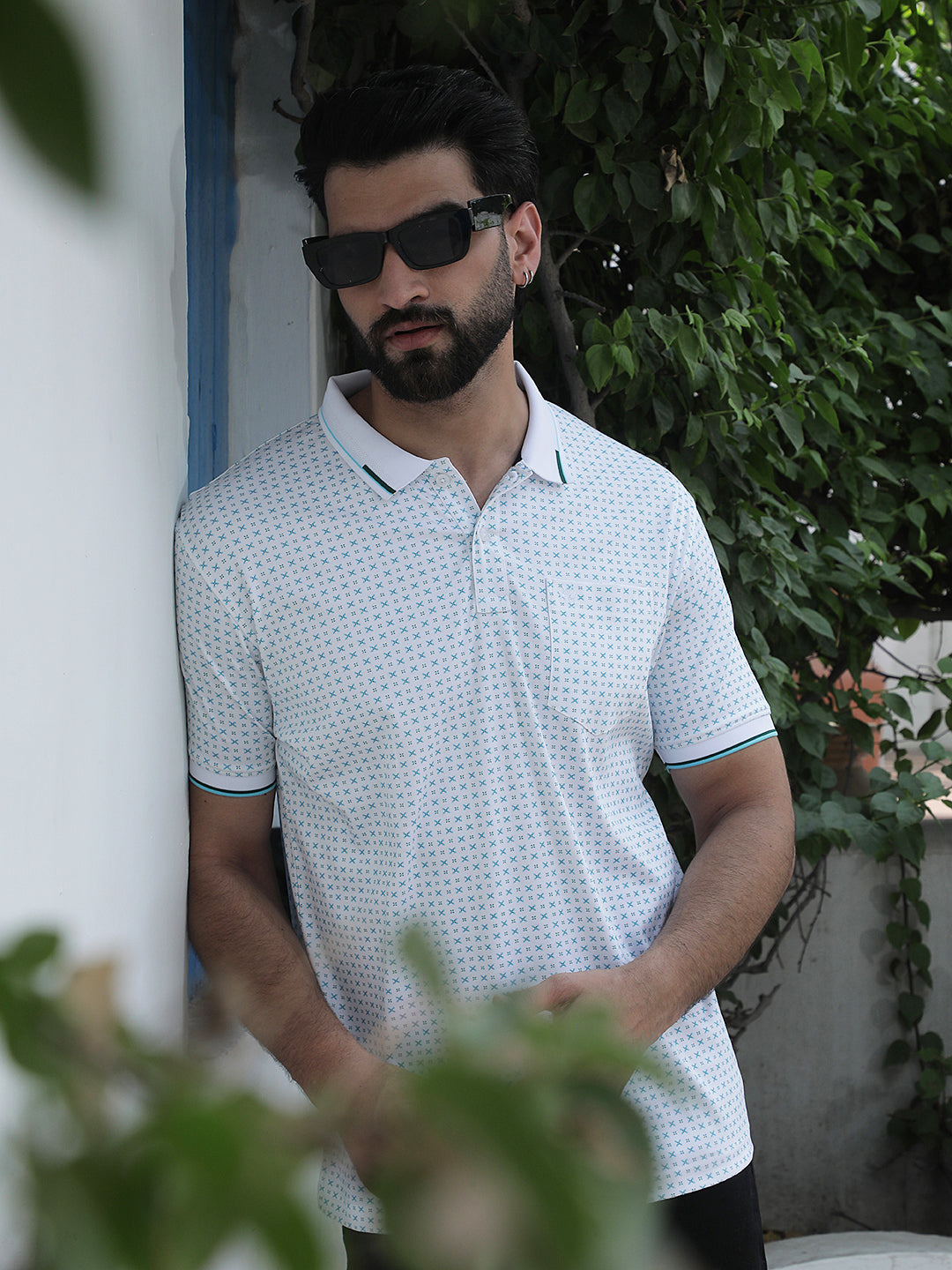 Blue Printed Polo Neck 100% Cotton T-Shirt