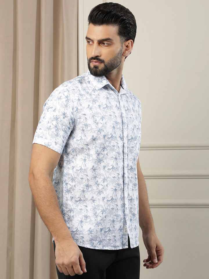 Blue Floral Print 100% Cotton Shirt