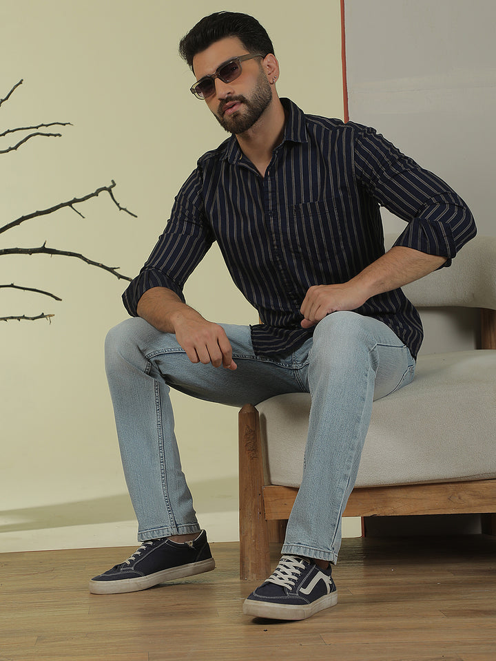 Navy Blue Vertical Stripes 100% Cotton Shirt
