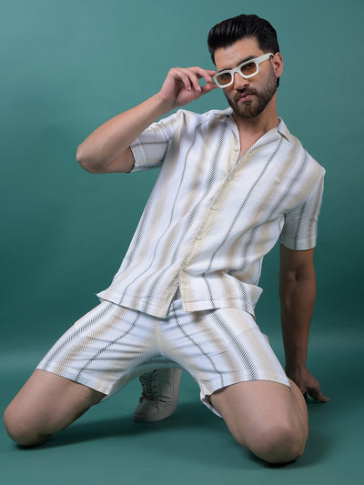 Beige Vertical Stripes 100% Cotton Shorts