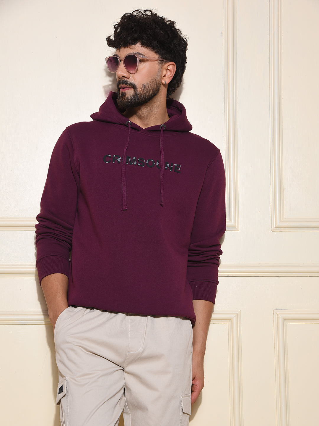 Wine Typographic Print Hooded Neck Sweatshirt