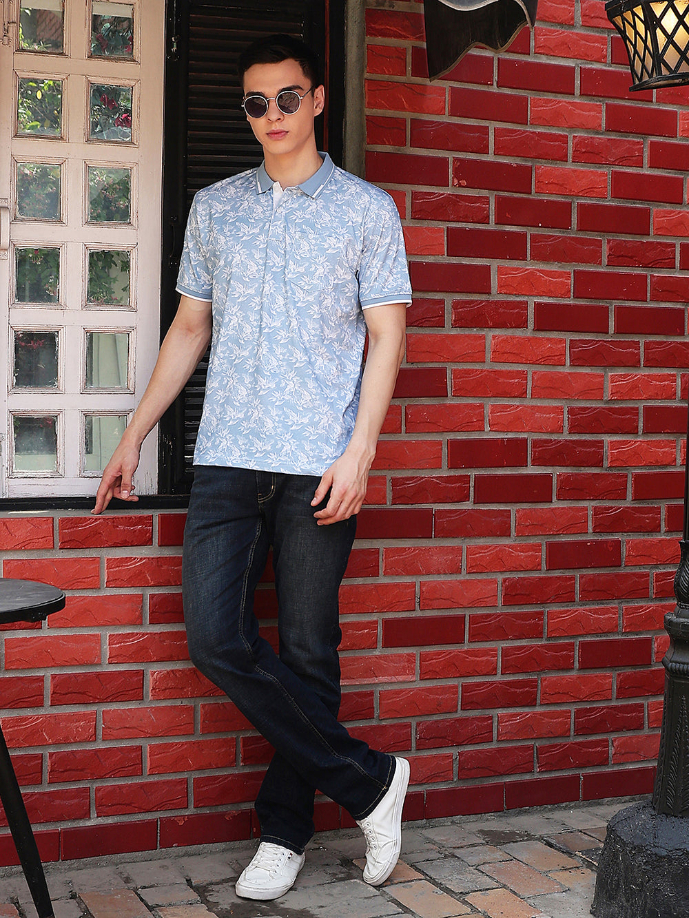 Blue Floral Print Polo Neck T-Shirt