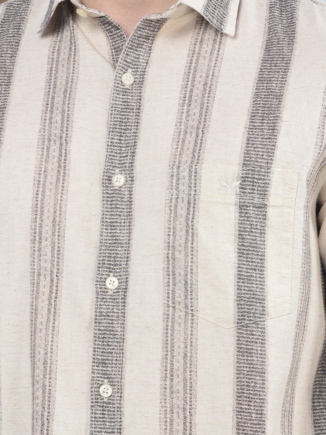 Beige Vertical Stripes Linen Straight Kurta
