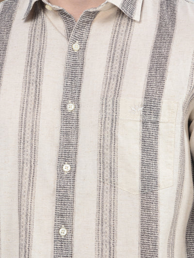 Beige Vertical Stripes Linen Straight Kurta