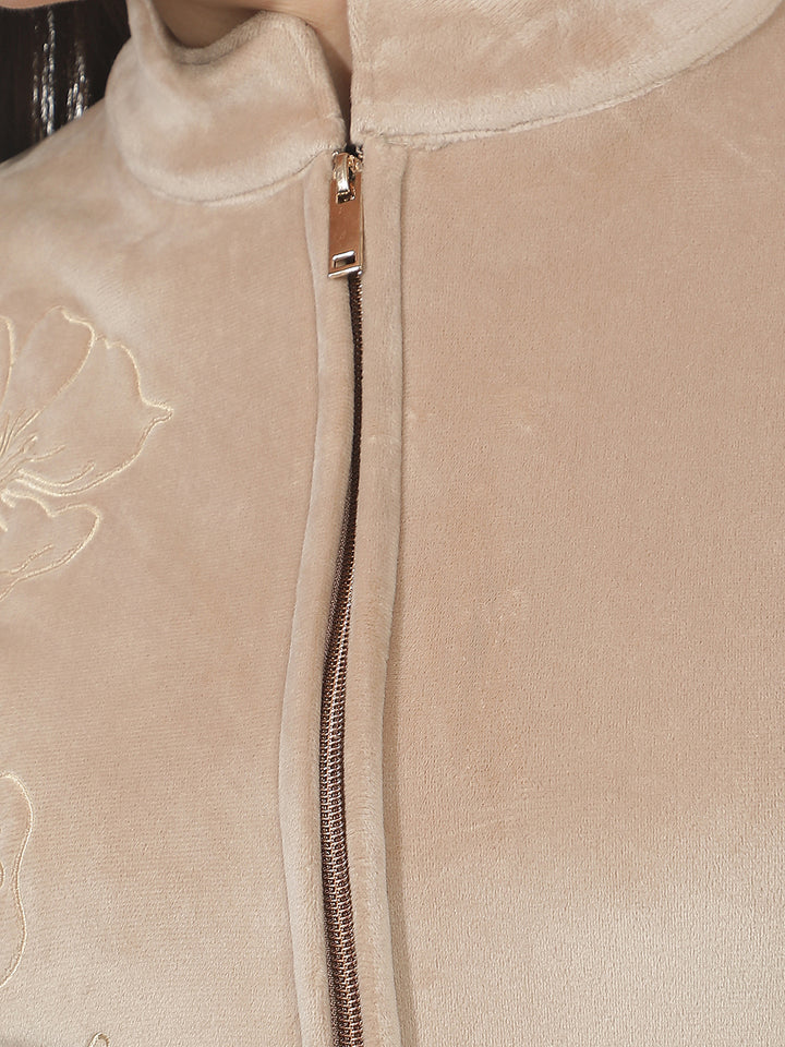 Beige Jacquard High Neck Sweatshirt