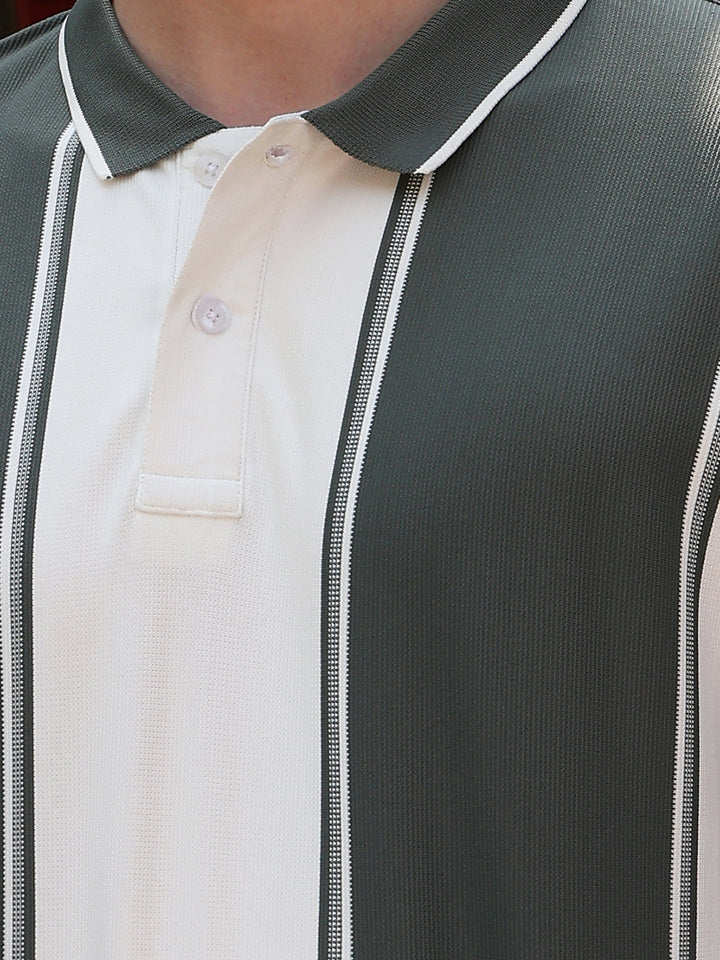 Green Vertical Striped Polo Neck T-Shirt
