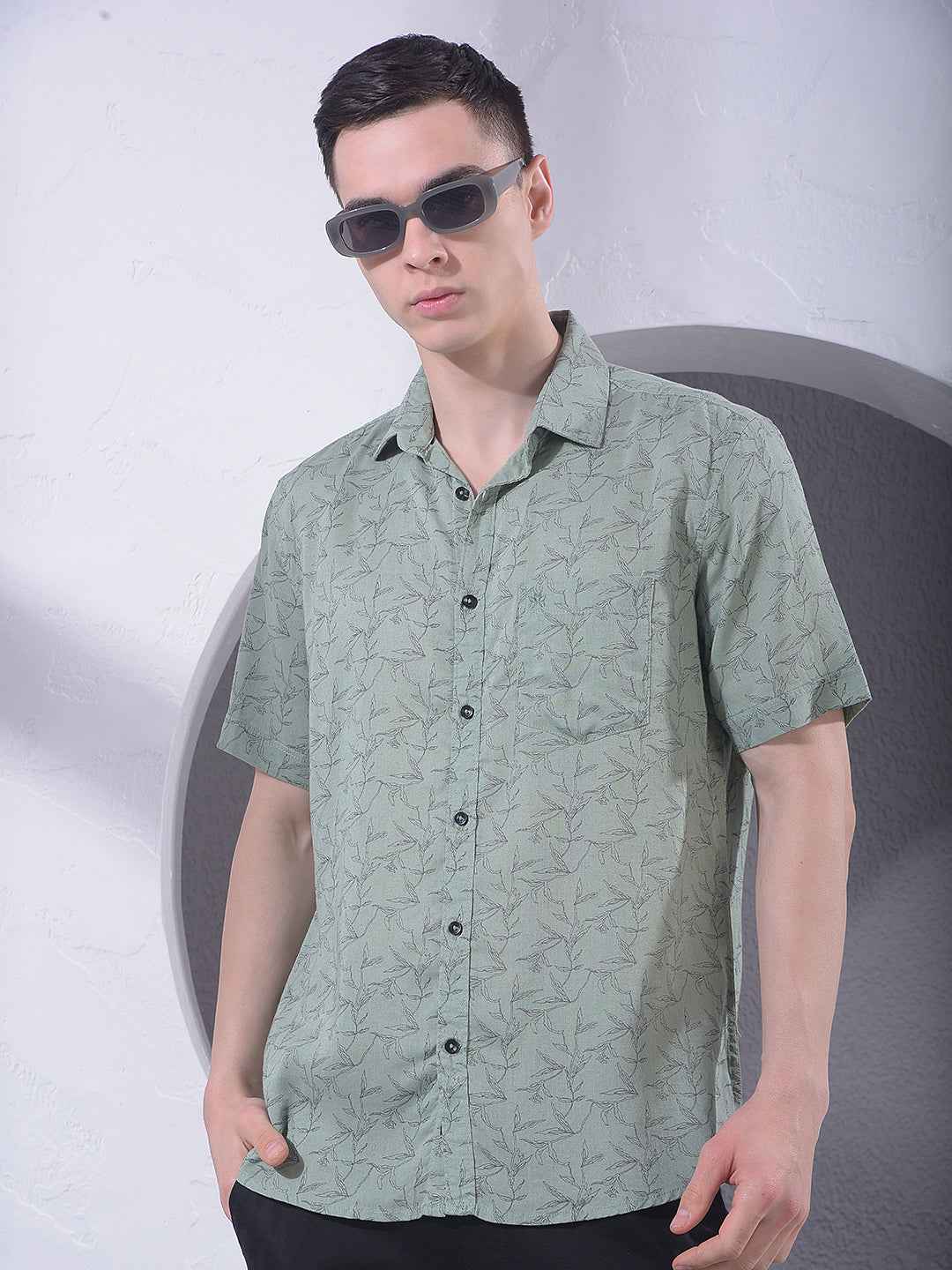 Green Floral Print Linen Shirt