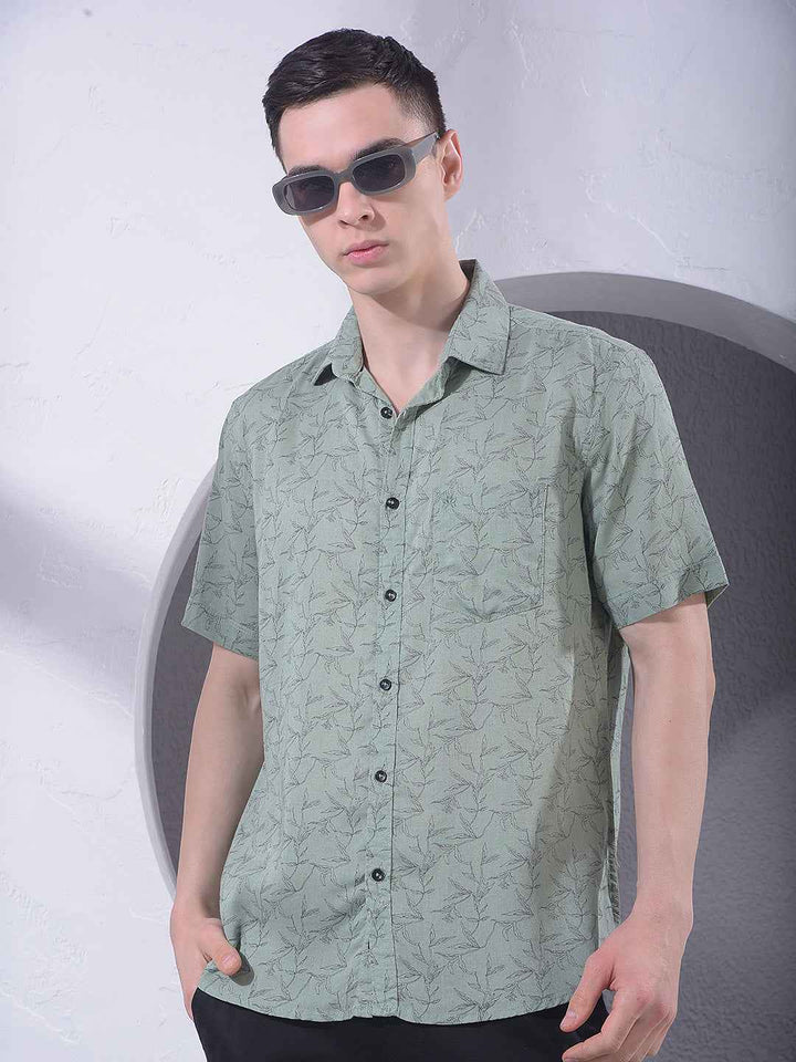 Green Floral Print Linen Shirt