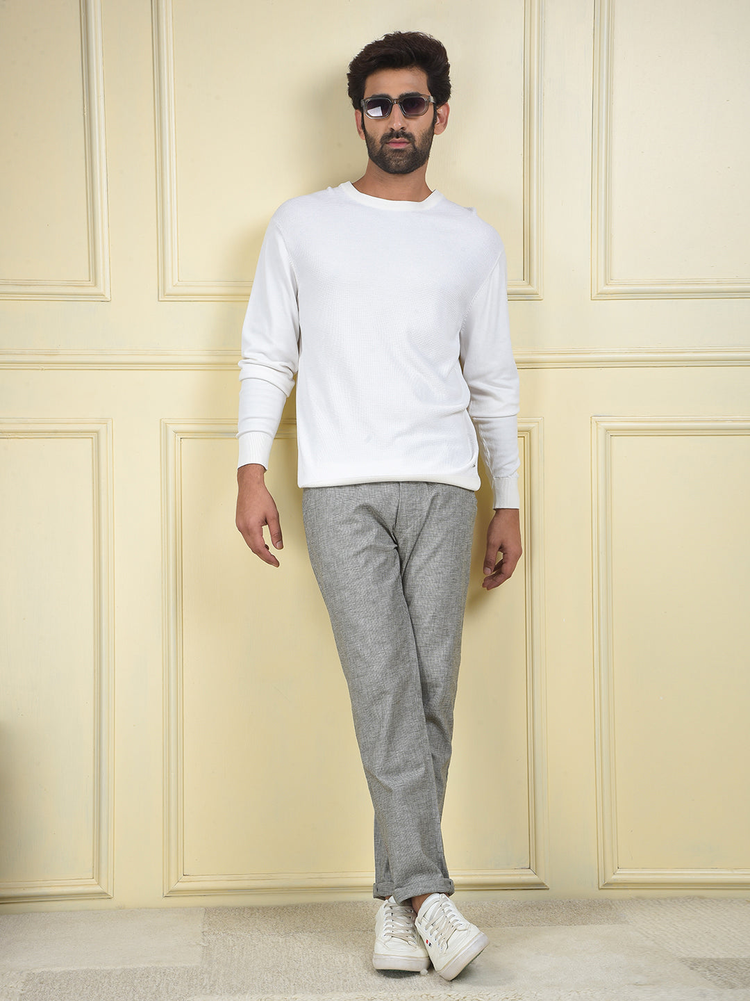 Slim Fit White Jacquard Sweater