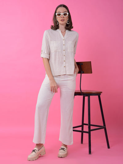 Off White V-Neck Linen Shirt