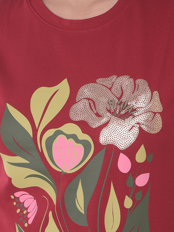 Maroon Floral Print T-Shirt