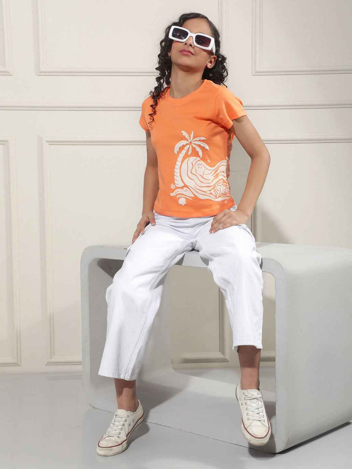 Orange Graphic Print Crop T-Shirt