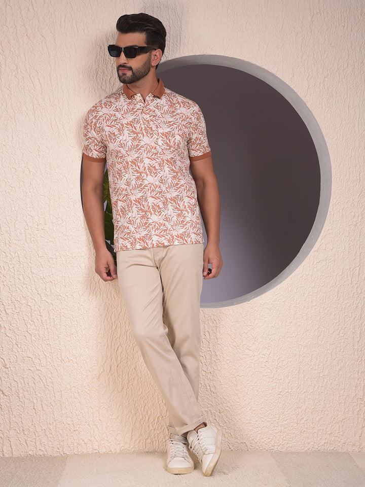 Orange Floral Print Polo Neck T-Shirt