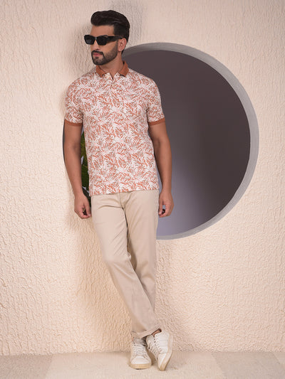Orange Floral Print Polo Neck T-Shirt