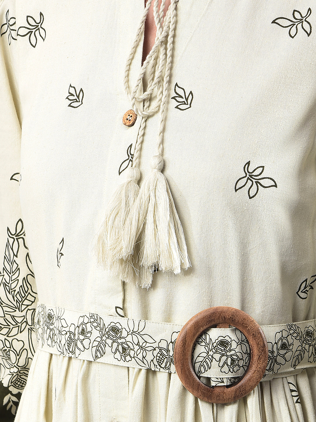 Olive Floral Print V-Neck A-Line Dress With Belt