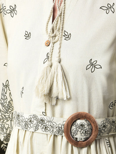 Olive Floral Print V-Neck A-Line Dress With Belt
