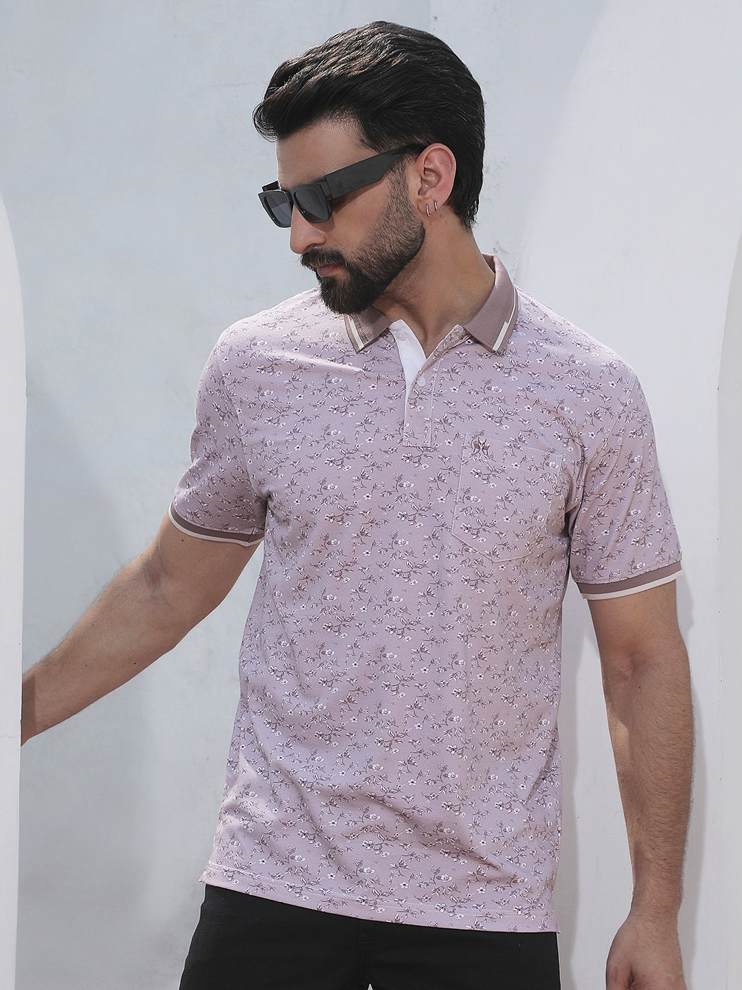 Purple Floral Print Polo Neck T-Shirt