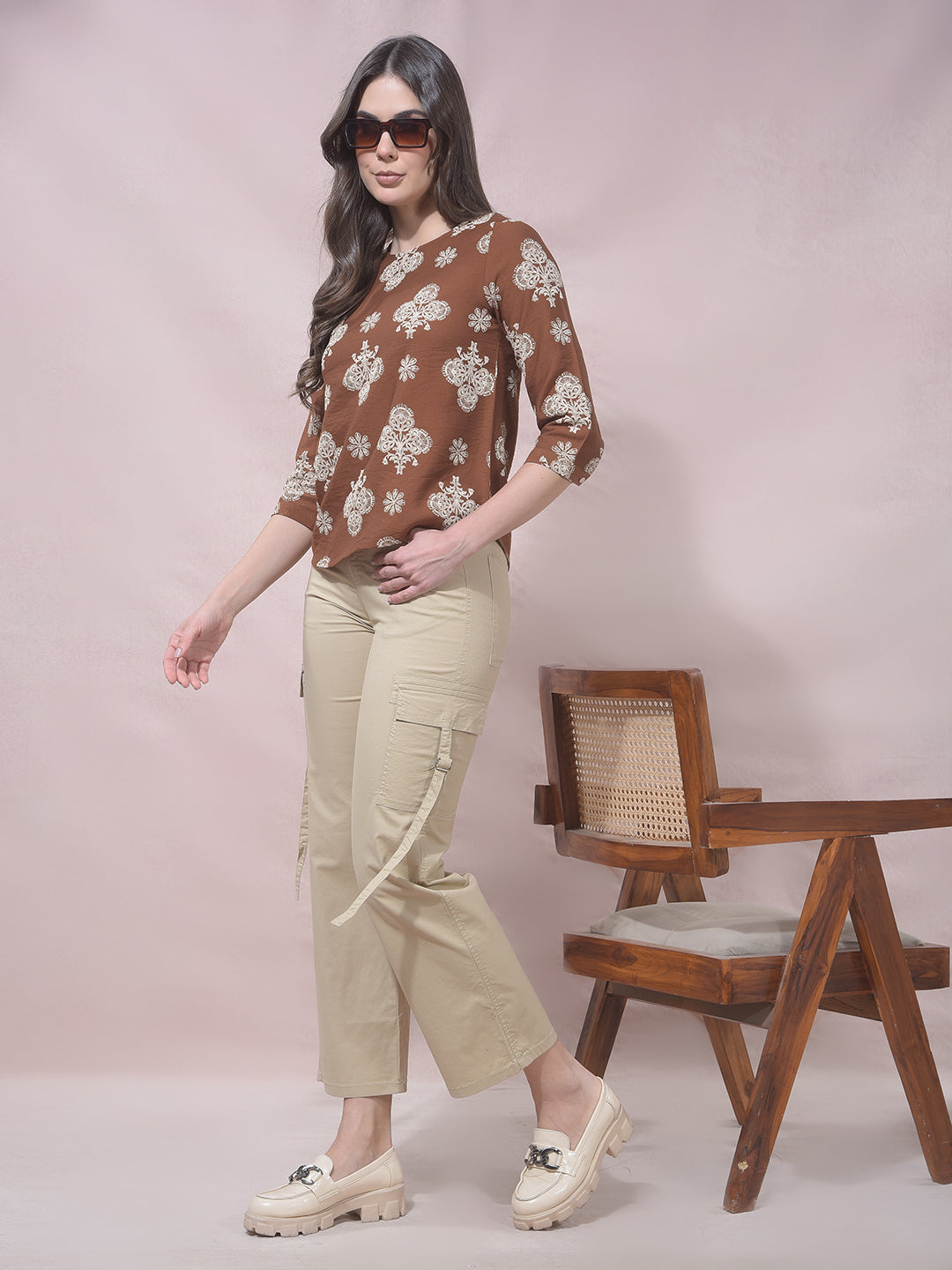Brown Buti Embroidered Top