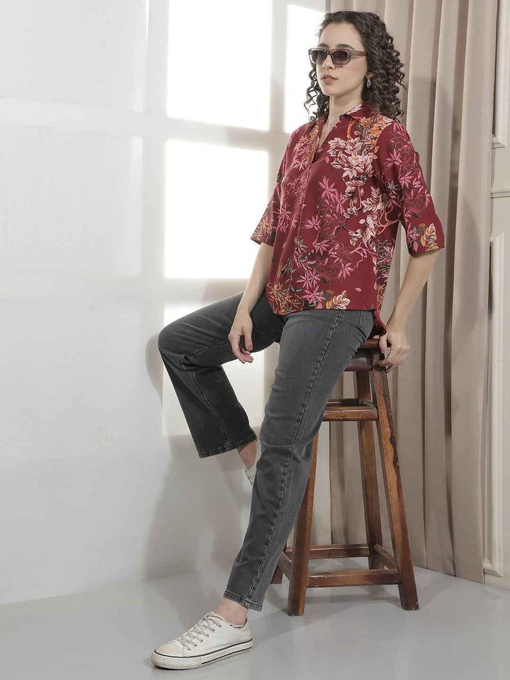 Hot Red Floral Print Top