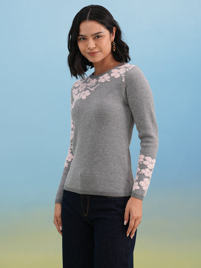 Grey Pink Floral Knit Sweater