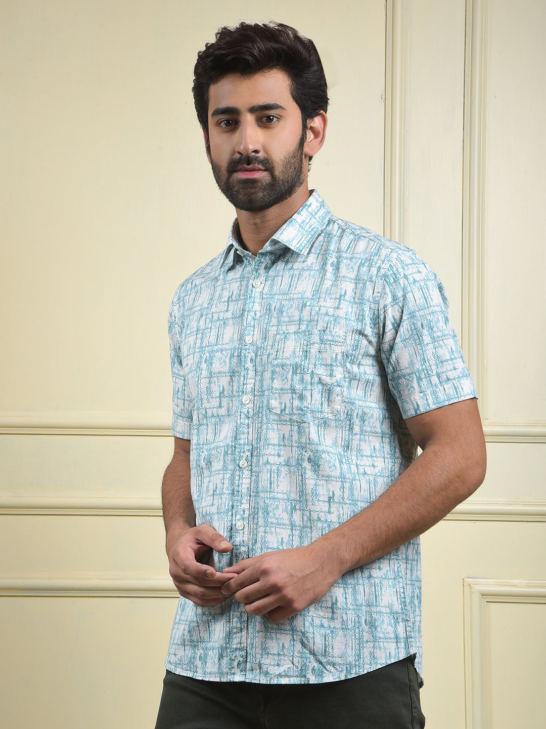 Smart Fit Green Printed Shirt