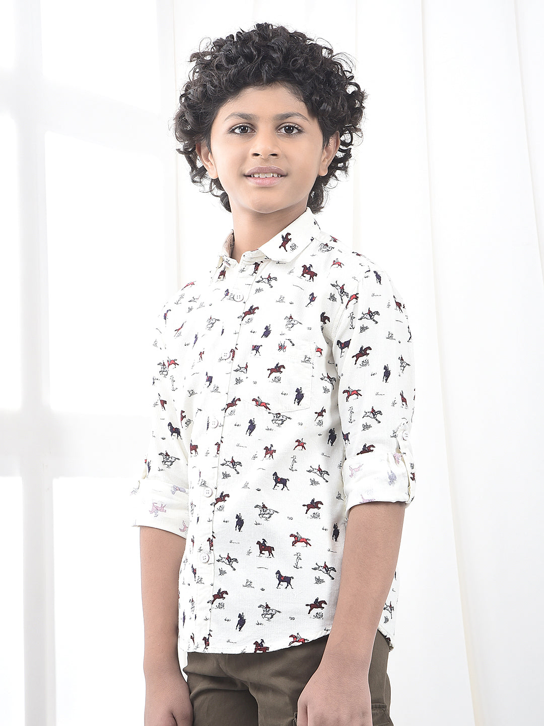 White Printed 100% Cotton Corduroy Shirt